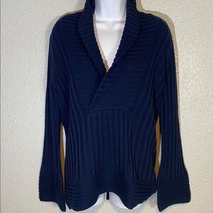 Chadwicks Navy Blue Ribbed Thick Knit Sweater, Shawl Collar Pullover Size L